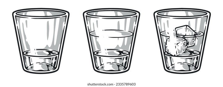 Gafas conjunto de ron logotipo monocromo con pequeños cristales con bebida con hielo para decorar la ilustración vectorial del almacén de alcohol de exposición