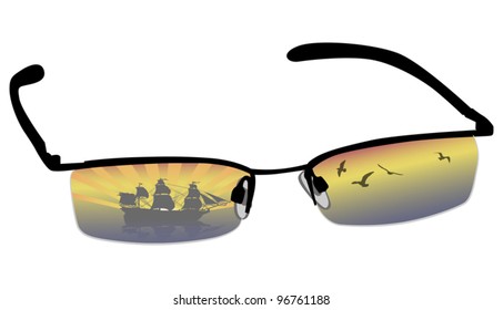 gafas con reflejo de la puesta de sol en el mar aisladas en fondo blanco