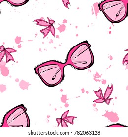 Glasses seamless pattern background. Vector cute pink glasses seamless pattern design with bows. Seamless pattern design for print, textile, fabric, clothing, accessories, modern hipster accessories