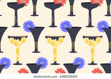 Glasses seamless pattern. Different Wineglasses, Alcohol cocktails, champagne, martini drinks. Trendy design of  silhouettes glass with abstract elegant color flowers. Vector illustration