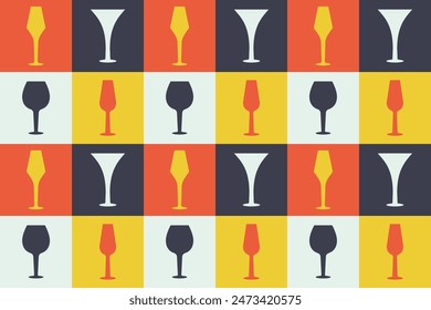 Glasses seamless pattern. Fashion minimalist design. Silhouettes of  wineglasses, alcohol drinks, cocktails, champagne, martini. Vector illustration for wallpapers, print, resturant, winery bar, party