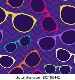 Glasses seamless pattern. Retro style. Cartoon flat style. Stylish background. Vector color illustration.