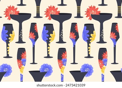 Glasses seamless pattern. Wineglasses, Alcohol cocktails, champagne. Trendy design of silhouettes glass with abstract flowers. Vector illustration for wallpapers, textile, print, resturant, winery bar