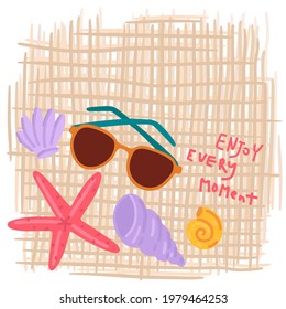Gafas y conchas en una servilleta. Vacaciones en la playa, viajes en el mar, vacaciones en el océano. Diseño postal, ilustración vectorial, concepto de impresión