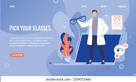 Glasses Selection Online Service. Flat Cartoon Lading Page. Doctor Ophthalmologists Offering Barnacles for Myopia and Hyperopia Correction. Ophthalmology Internet Store. Vector Illustration