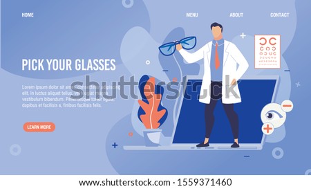 Glasses Selection Online Service. Flat Cartoon Lading Page. Doctor Ophthalmologists Offering Barnacles for Myopia and Hyperopia Correction. Ophthalmology Internet Store. Vector Illustration