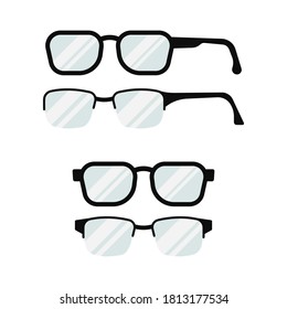 Glasses set with black frame icon isolated on white background. Prescription glasses for reading collection. Flat design cartoon style vector illustration.