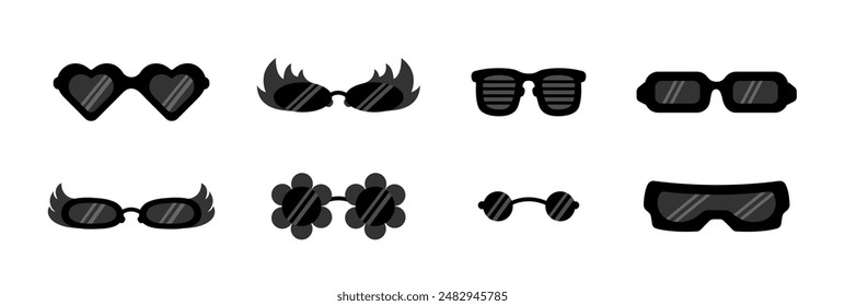 Juego de lentes. Vasos de diferentes Formas. Colección de gafas de sol en forma de corazones, cuadrado, círculo, flores, alas de ángel y llamas. Gafas de fiesta. Ilustración aislada de Vector