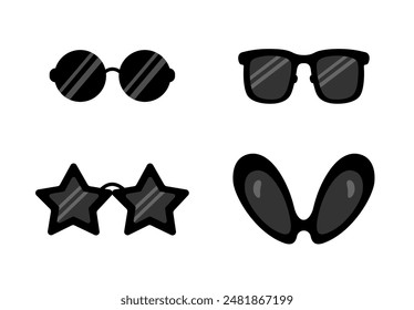 Glasses set. Set of different sunglasses icons. Retro glasses in 60s-70s style. Wayfarers, stars shape glasses, round glasses. Cartoon flat vector collection isolated on white background