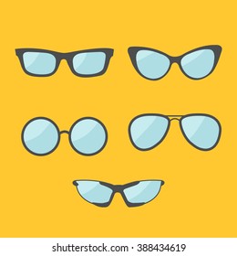 Glasses set. Eyeglasses collection. Isolated Icons. Yellow background. Flat design Vector illustration