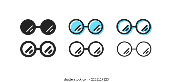 Glasses set icon. Eyeglasses, ophthalmologist, poor eyesight, proximity, sunglasses, frame. Spectacles concept. Six vector line icon in different styles
