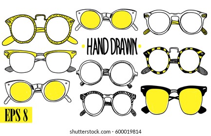 Glasses. A set of images. Drawing by hand in vintage style. Points of different shapes and sizes.