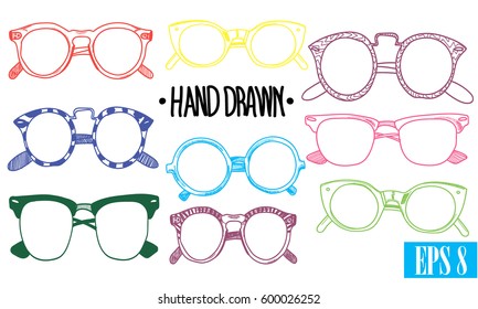 Glasses. A set of images. Drawing by hand in vintage style. Points of different shapes and sizes.