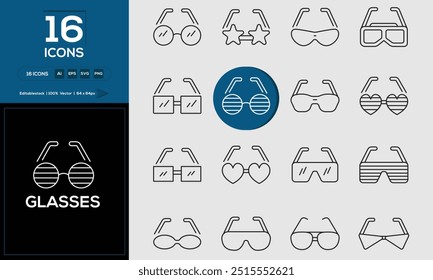 Glasses set of outline icons related to analysis, infographic, analytics. Editable stroke. Vector illustration.