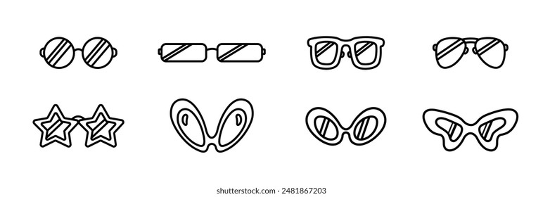 Glasses set. Retro glasses in 60s-70s style. Set of linear glasses of various shapes. Cartoon funny party sunglasses, eyewear for carnival costume. Vector illustration isolated on white background