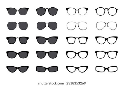 Glasses set. Sunglasses silhouettes. Glasses frames icon collection. Fashion eyeglasses icons. Different shapes frame. Vector illustration.