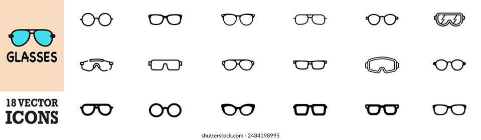 Juego de lentes. Siluetas de gafas de sol. Colección de iconos de marcos de lentes. Iconos de gafas de moda. Diferentes marcos de Formas. Ilustración vectorial. Gráfico de Vector. EPS 10