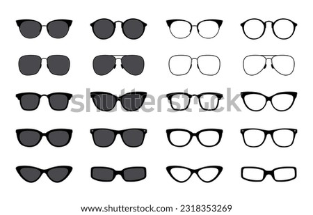 Glasses set. Sunglasses silhouettes. Glasses frames icon collection. Fashion eyeglasses icons. Different shapes frame. Vector illustration.