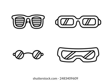 Glasses Set. Tishades, Rectangles, Wayfarers, sky googles. Various shapes glasses set. Sunglasses, glasses, isolated on white background. Vector outline illustrations