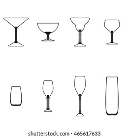 Glasses set. Vector illustration of different drinks and cocktails, isolated on white background. Sign pattern. Label for cocktail lounge. Design texture for bar or restaurant. Food and drink concept.