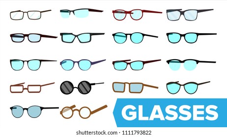 Glasses Set Vector. Modern Glasses Icon. Different Eyewear Types. Eyeglasses With Frame. Blue Lense. Flat Cartoon Isolated Illustration