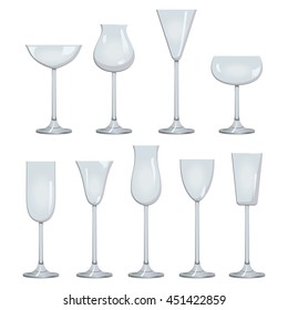 Glasses set for wine. White sparkling and dessert wine collections. Vector EPS10