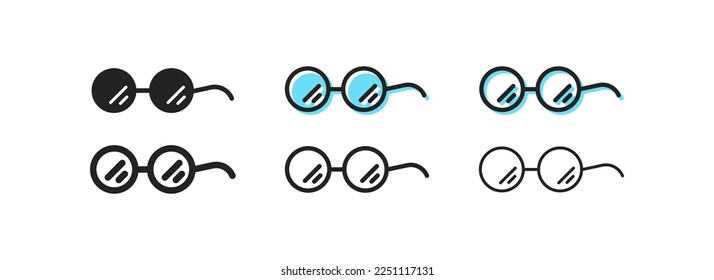 Glasses with shackle set icon. Eyeglasses, ophthalmologist, poor eyesight, proximity, sunglasses, frame. Spectacles concept. Six vector line icon in different styles