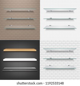 Glasses Shelves On Light Brick Background Set With Gradient Mesh, Vector Illustration
