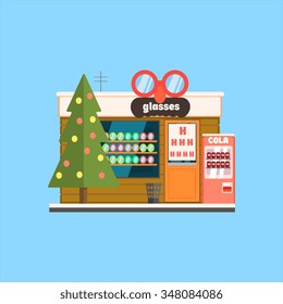 Glasses Shop Front in Christmas. Flat Vector Illustration