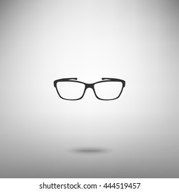 Glasses sign illustration. Dark gray icon with shadow on floor.