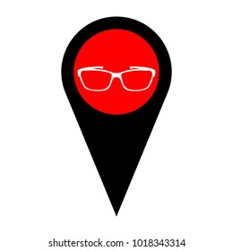 Glasses sign illustration. Vector. Flat white icon in red circle at black marker on white background. Isolated.