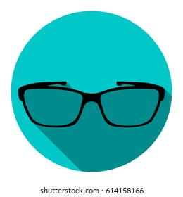 Glasses sign illustration. Vector. Flat black icon with flat shadow on sky circle with white background. Isolated.