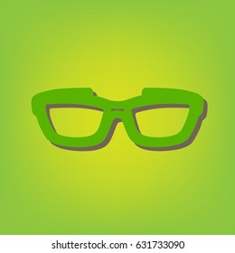 Glasses sign illustration. Vector. Green line icon with brown shadow at green-yellow background.