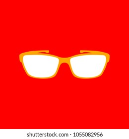 Glasses sign illustration. Vector. Orange icon with white holes if exist at red background. Isolated.