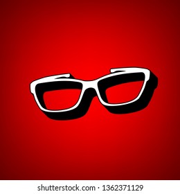 Glasses sign illustration. Vector. Perspective view of white icon with black outline at reddish background.