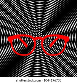 Glasses sign illustration. Vector. Red icon on white and black radial interference as background.