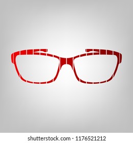 Glasses sign illustration. Vector. Vertically divided icon with colors from reddish gradient in gray background with light in center.