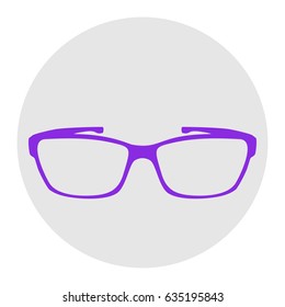 Glasses sign illustration. Vector. Violet flat icon on light gray circle at white background. Isolated.