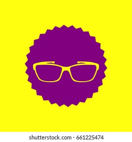 Glasses sign illustration. Vector. Violet label with hole as icon on yellow background.
