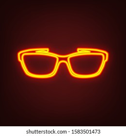 Glasses sign illustration. Yellow, orange, red neon icon at dark reddish background. Illumination. Illustration.