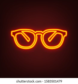 Glasses sign illustration. Yellow, orange, red neon icon at dark reddish background. Illumination. Illustration.