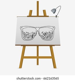 Glasses silhouette with city view on easel. Vector illustration