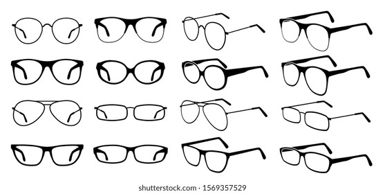 Glasses silhouette. Cool eyeglasses, fashion black eyewear. Stylish retro sunglasses. Glass medicine spectacles. Vector icons set