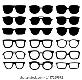 Glasses silhouette. Geek eyewear, cool sunglasses and eyeglasses silhouettes. Elegance glasses or geeks fashion optical ocular lens accessory. Vector isolated icons collection