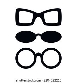 Glasses silhouette icons set. Black sunglasses vector drawing. Hand drawn graphic icon isolated on white. Flat minimal illustration.