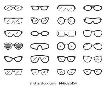 Glasses silhouette icons set. Sunglass symbol, simple shape pictogram collection. Frame design element. Hipster, nerd, optic eyeglasses black sign. Isolated on white icon concept vector illustration