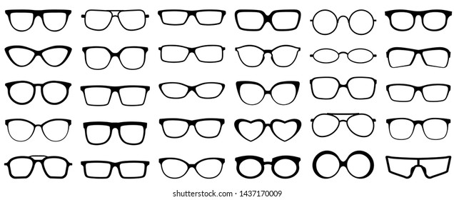 Glasses silhouette. Retro glasses, eye health eyewear and rim sunglasses silhouettes. Hipster or geek plastic eye optic lens frame accessory design. Isolated vector icons set