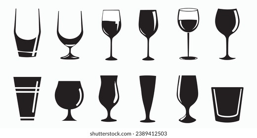 Glasses silhouette set. Including wineglass, cocktail glass, champagne, and much more. Vector illustration