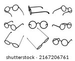 Glasses silhouette set with round lens. Isolated black on white icons for optics shop. Various points of view.