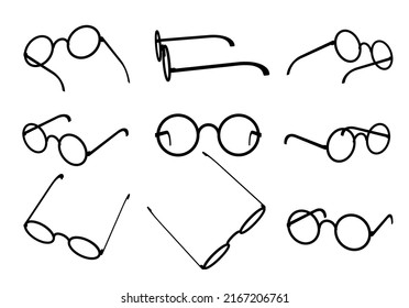 Glasses silhouette set with round lens. Isolated black on white icons for optics shop. Various points of view.